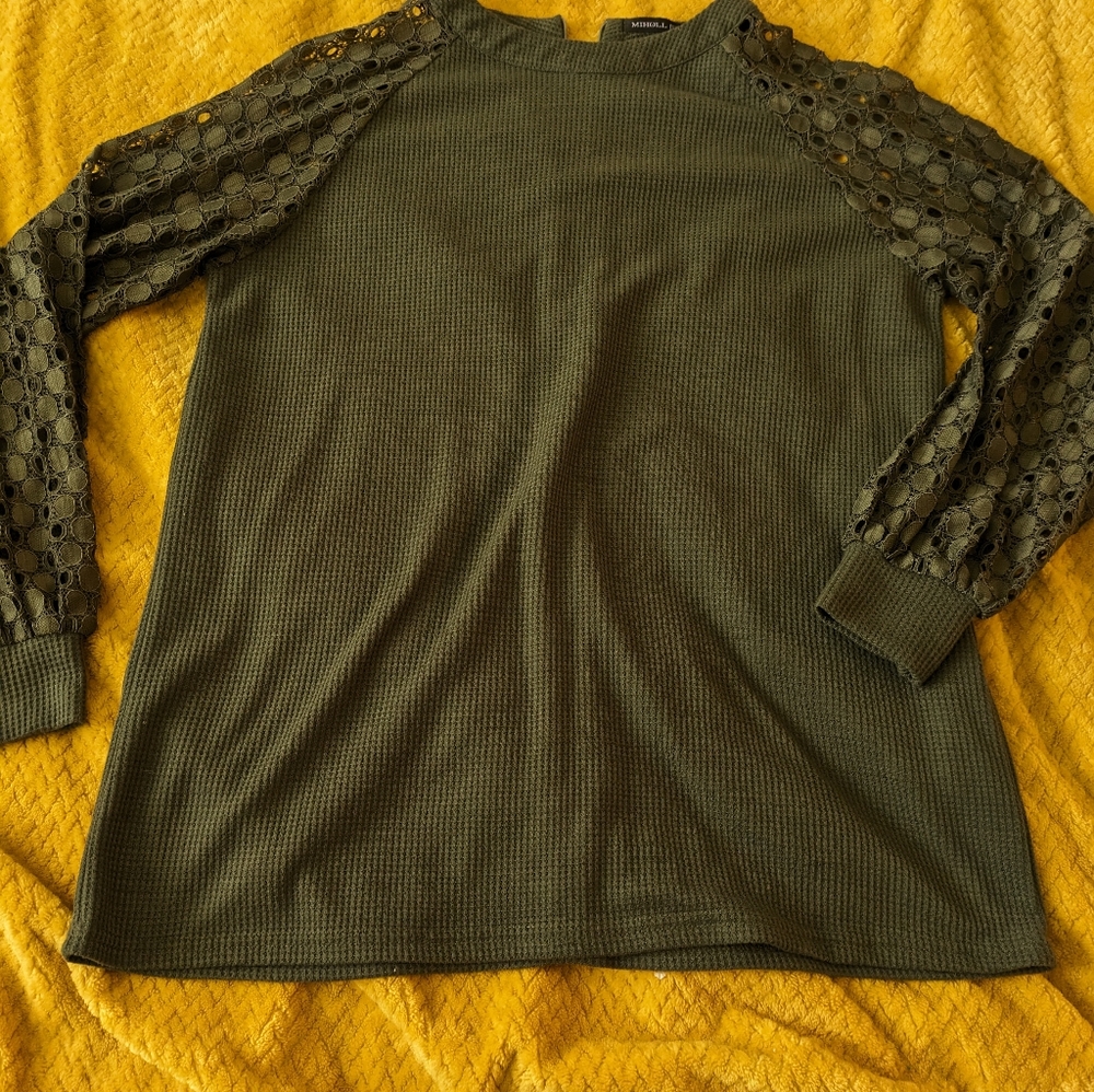 Miholl Women's Waffle Knit Blouse Puff Long Sleeve Lace Top Casual Loose size L
